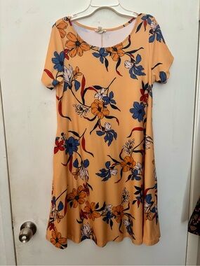 Yelete Peach Floral Short-Sleeve A-Line Dress with Blue & Orange Accents